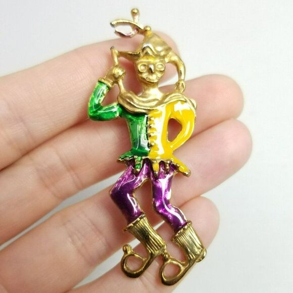Vintage Court Jester Enamel Brooch, Yellow Green Purple Gold Tone Clown, Estate - Picture 1 of 7